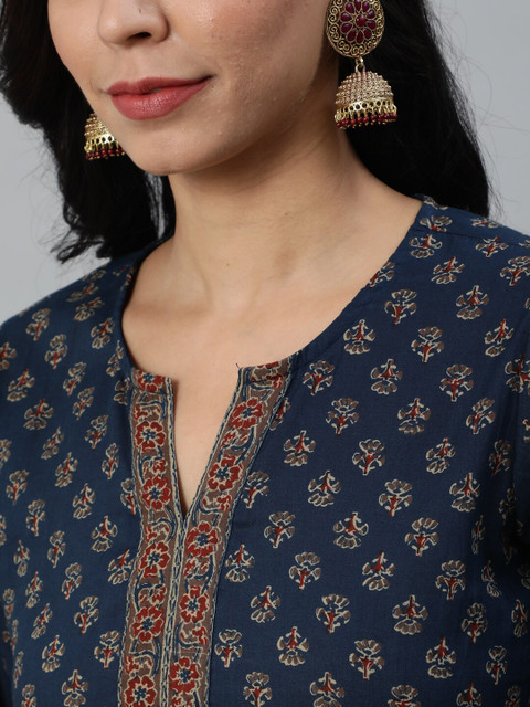 Nayo Women Navy Blue Ethnic Motifs Printed Cotton Kurta - Image 2