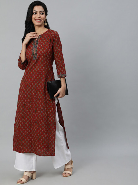 Nayo Women Maroon Ethnic Motifs Printed Cotton Kurta - Image 6