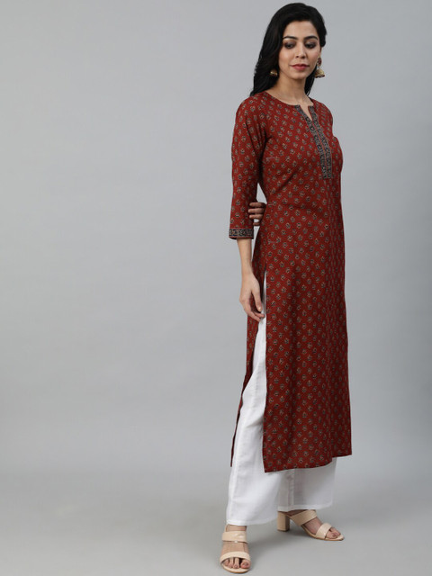 Nayo Women Maroon Ethnic Motifs Printed Cotton Kurta - Image 3