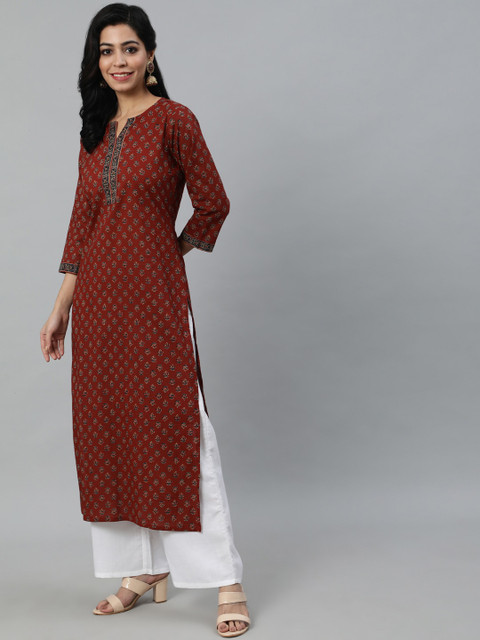 Nayo Women Maroon Ethnic Motifs Printed Cotton Kurta - Image 4