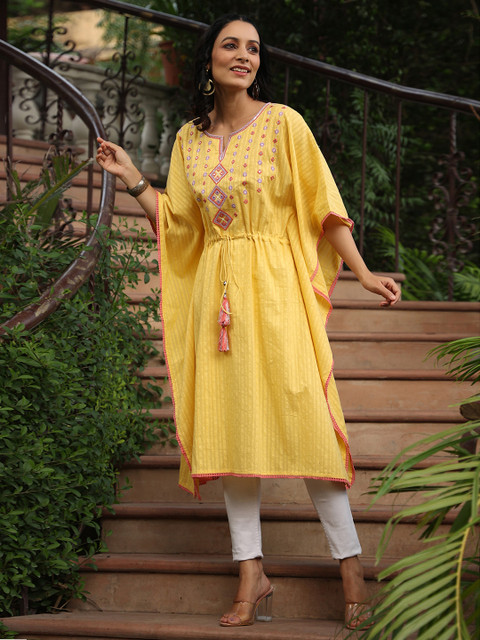 Juniper Women Yellow Extended Sleeves Thread Work Dobby Kaftan Kurta - Image 3