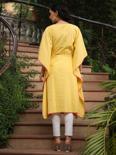 Juniper Women Yellow Extended Sleeves Thread Work Dobby Kaftan Kurta - Image 4