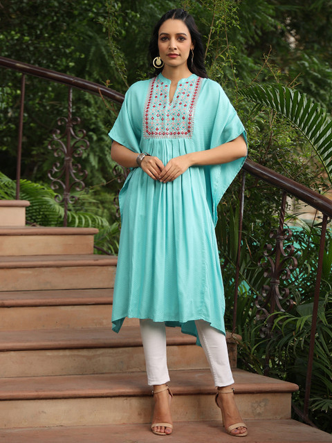 Juniper Floral Embroidered Mirror Work Dobby Kaftan Kurta