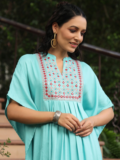Juniper Floral Embroidered Mirror Work Dobby Kaftan Kurta - Image 2