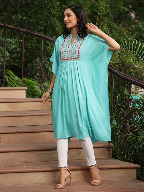 Juniper Floral Embroidered Mirror Work Dobby Kaftan Kurta - Image 3