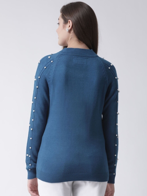 Club York Women Teal Pearl Embellished Acrylic Pullover Sweater - Image 4