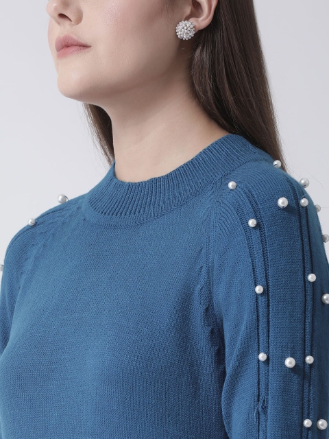 Club York Women Teal Pearl Embellished Acrylic Pullover Sweater - Image 2