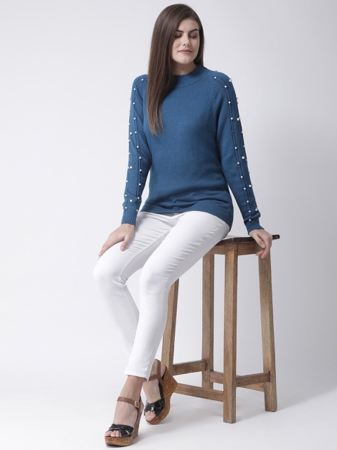 Club York Women Teal Pearl Embellished Acrylic Pullover Sweater - Image 5