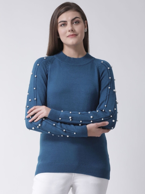Club York Women Teal Pearl Embellished Acrylic Pullover Sweater