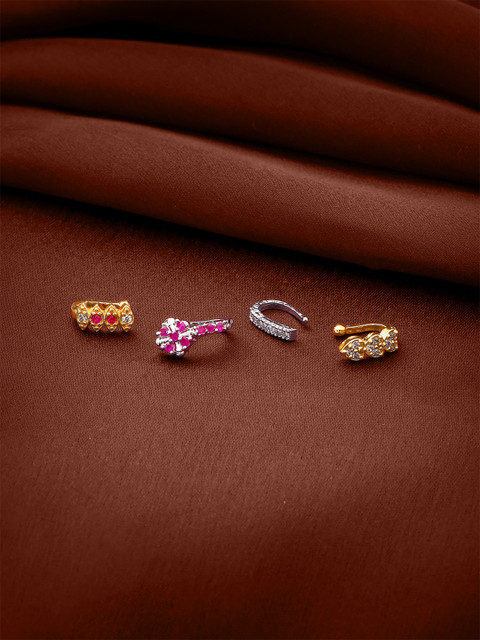 Yellow Chimes Set Of 4 Gold-Plated & Silver-Plated White AD-Studded Nosepin