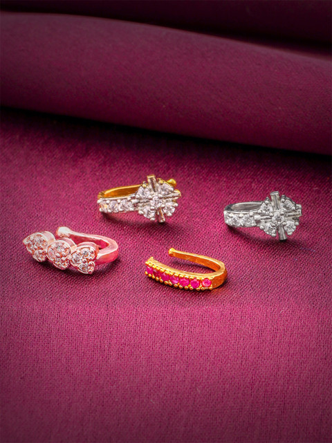 Yellow Chimes Set Of 4 Gold-Plated & Silver-Plated AD-Studded Nosepins