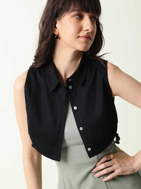 RAREISM Women Black Cotton Crop Shrug