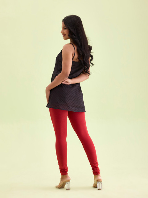 Go Colors Women Red Solid Churidar Length Leggings - Image 3