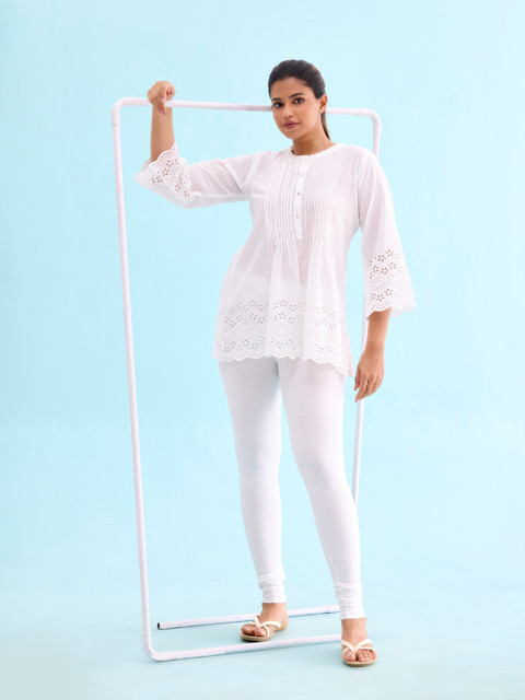 Go Colors Women White Solid Churidar Length Leggings - Image 4