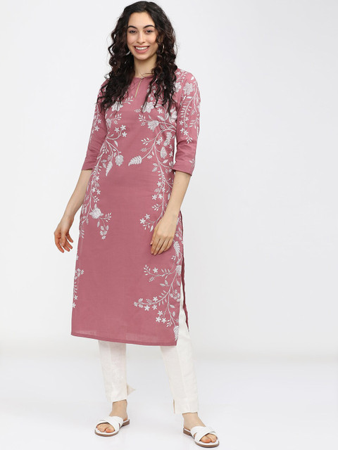 Vishudh Woman Pink Floral Printed Keyhole Neck Kurta