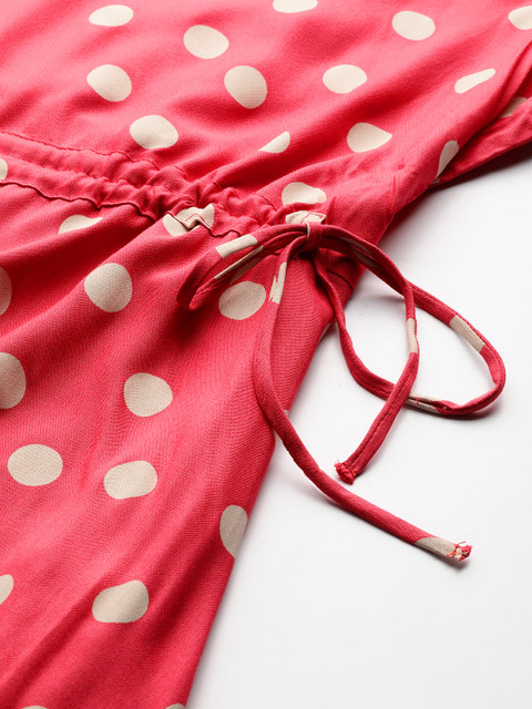 Sztori Plus Size Pink & White Polka Dots Printed Tie-Up Detail A-Line Dress - Image 2