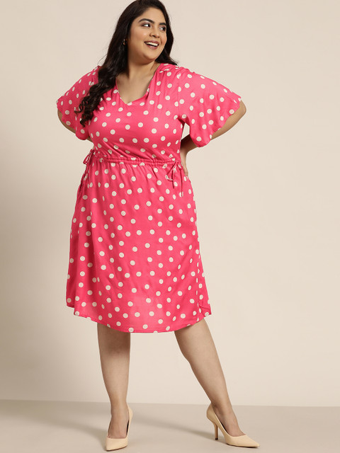 Sztori Plus Size Pink & White Polka Dots Printed Tie-Up Detail A-Line Dress