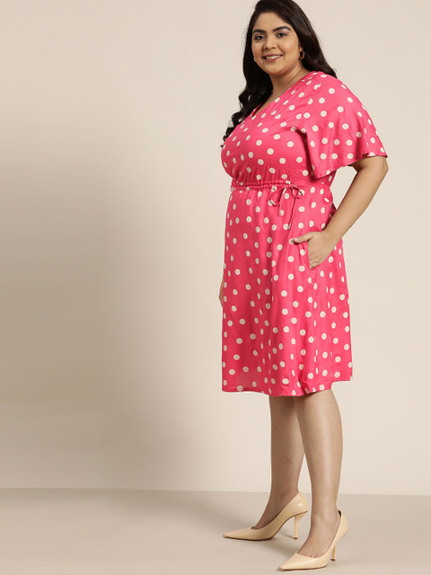 Sztori Plus Size Pink & White Polka Dots Printed Tie-Up Detail A-Line Dress - Image 3