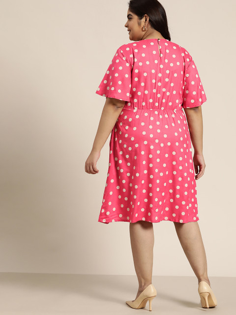 Sztori Plus Size Pink & White Polka Dots Printed Tie-Up Detail A-Line Dress - Image 4