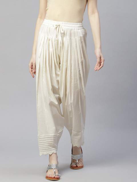 Laado - Pamper Yourself Women Off-White Solid Lace Pintucks Pure Cotton Salwar