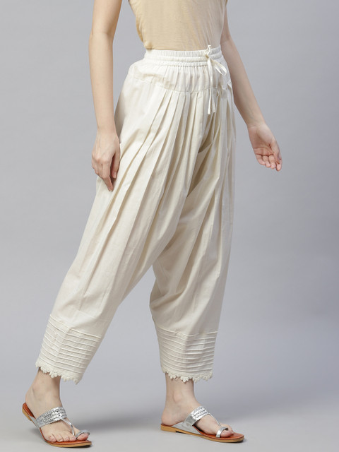 Laado - Pamper Yourself Women Off-White Solid Lace Pintucks Pure Cotton Salwar - Image 2