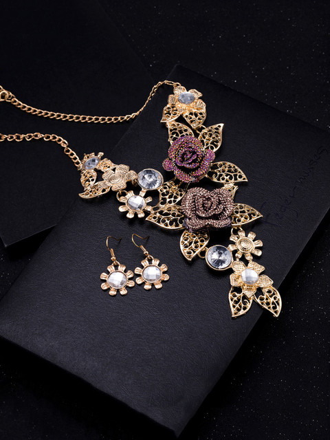 Yellow Chimes Gold-Plated White & Purple Stone-Studded Floral Jewellery Set