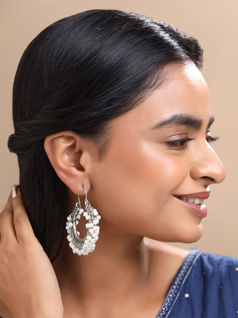 Yellow Chimes White Silver-Plated Pearls Circular Hoop Earrings - Image 5