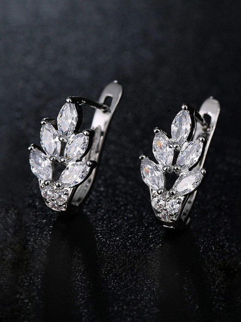 Yellow Chimes White Silver-Plated Swarovski Crystal Leaf Designed Studs Earring