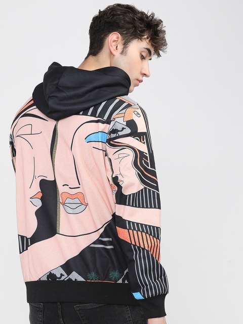 HIGHLANDER Men Black & Peach Printed Hooded Sweatshirt - Image 4