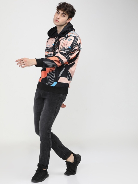 HIGHLANDER Men Black & Peach Printed Hooded Sweatshirt - Image 5