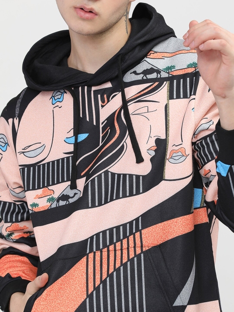 HIGHLANDER Men Black & Peach Printed Hooded Sweatshirt - Image 2