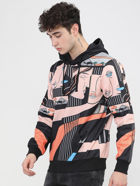 HIGHLANDER Men Black & Peach Printed Hooded Sweatshirt - Image 3