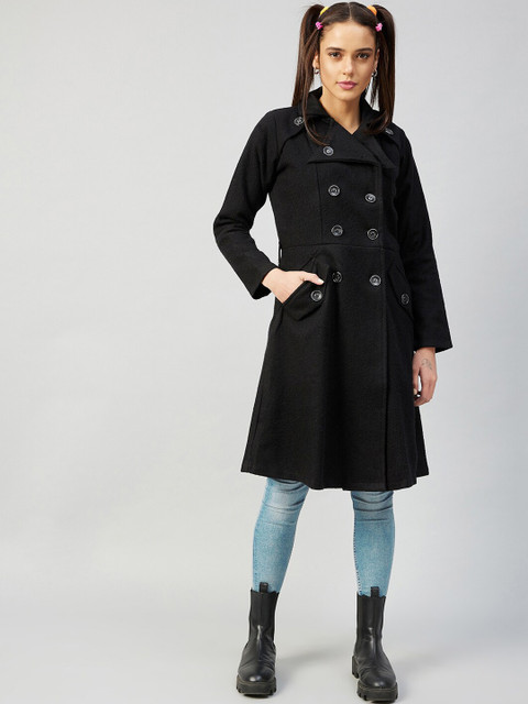 Athena Women Black Solid Double Breasted Trench Coat