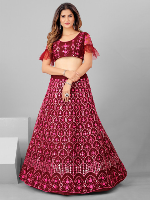 SHOPGARB Maroon Embellished Sequinned Semi-Stitched Lehenga & Unstitched Blouse With Dupatta