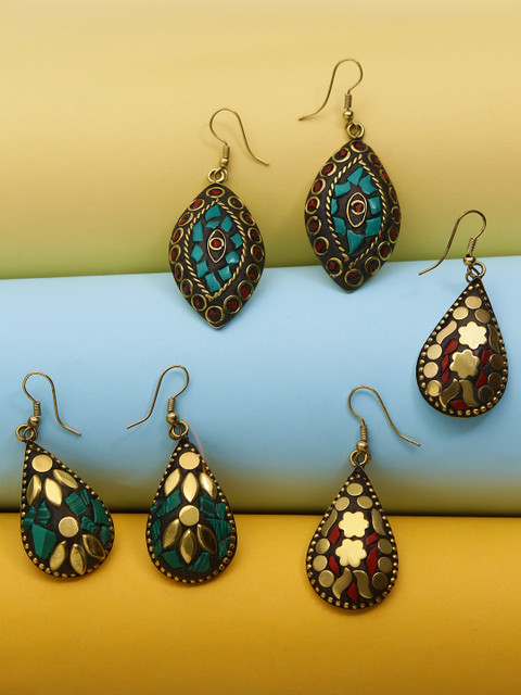 Yellow Chimes Set Of 3 Gold-Plated Green Oxidised Classic Drop Earrings