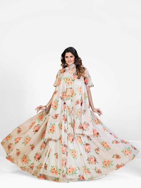 SHOPGARB White & Orange Printed Semi-Stitched Lehenga & Unstitched Blouse With Dupatta