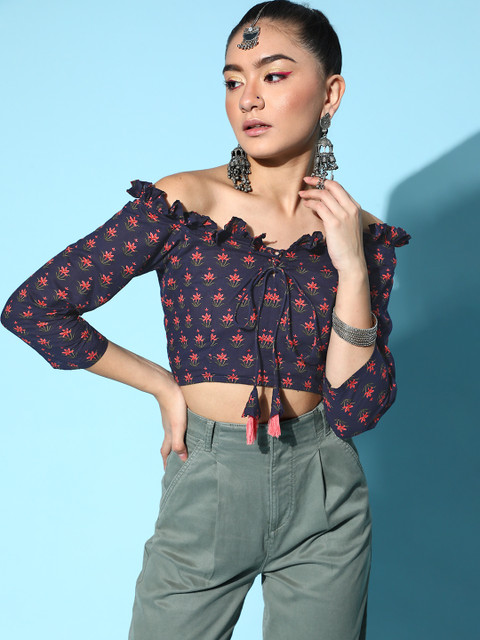 Indo Era Women Stylish Black Floral Bardot Top - Image 2