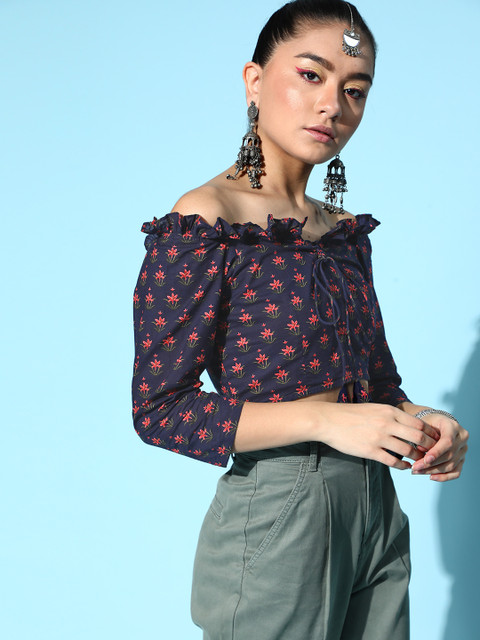 Indo Era Women Stylish Black Floral Bardot Top - Image 3