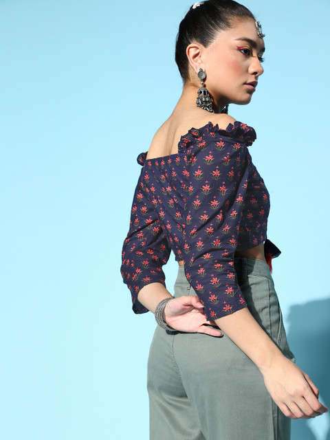 Indo Era Women Stylish Black Floral Bardot Top - Image 4