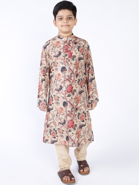 TABARD Boys Beige Floral Printed Kurta
