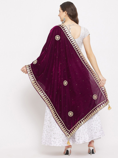 Clora Creation Burgundy & Gold-Toned Ethnic Motifs Embroidered Velvet Dupatta with Gotta Patti - Image 4