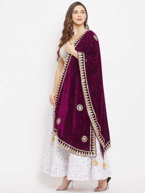 Clora Creation Burgundy & Gold-Toned Ethnic Motifs Embroidered Velvet Dupatta with Gotta Patti - Image 3