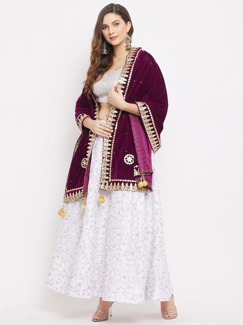 Clora Creation Burgundy & Gold-Toned Ethnic Motifs Embroidered Velvet Dupatta with Gotta Patti - Image 5