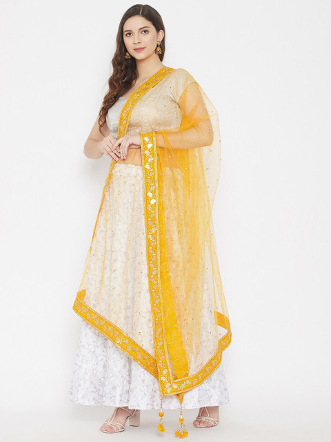 Clora Creation Yellow & Silver-Toned Ethnic Motifs Embroidered Dupatta with Sequinned - Image 3