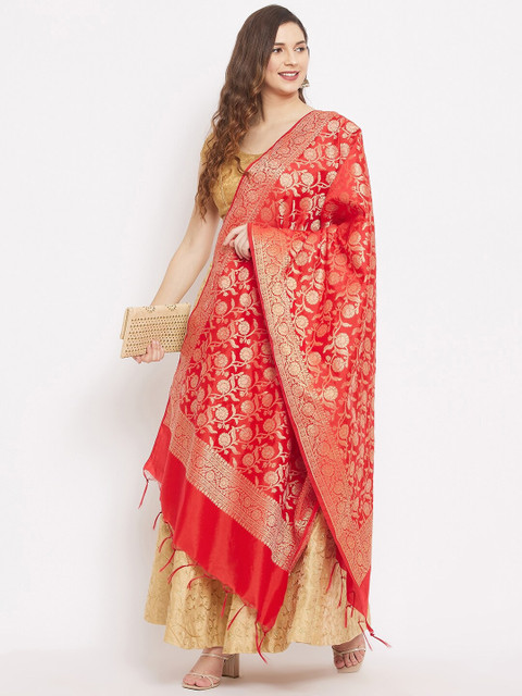 Clora Creation Red & Gold-Toned Woven Design Banarsi Silk Dupatta - Image 5