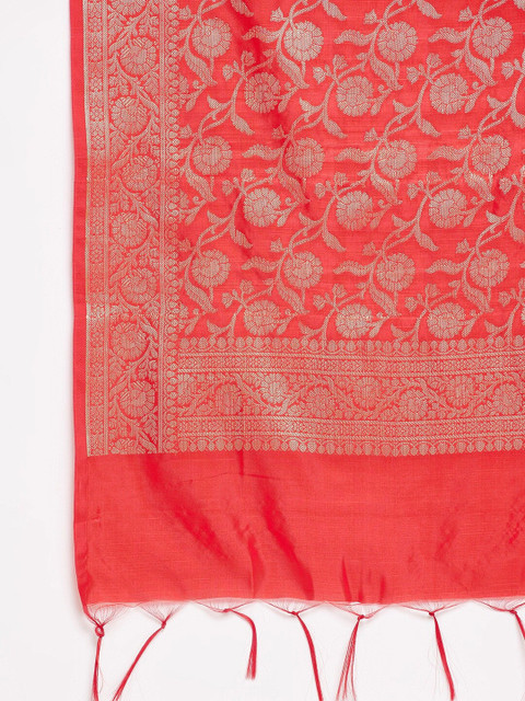 Clora Creation Red & Gold-Toned Woven Design Banarsi Silk Dupatta - Image 2