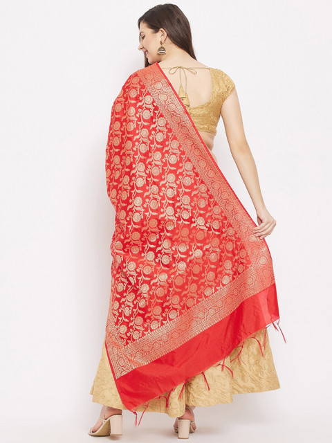 Clora Creation Red & Gold-Toned Woven Design Banarsi Silk Dupatta - Image 4