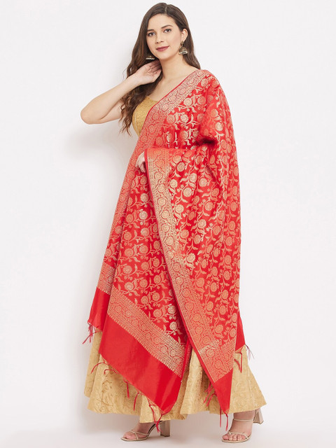 Clora Creation Red & Gold-Toned Woven Design Banarsi Silk Dupatta - Image 3
