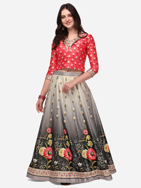 Mitera Black & Cream-Coloured Printed Semi-Stitched Lehenga & Unstitched Blouse With Dupatta