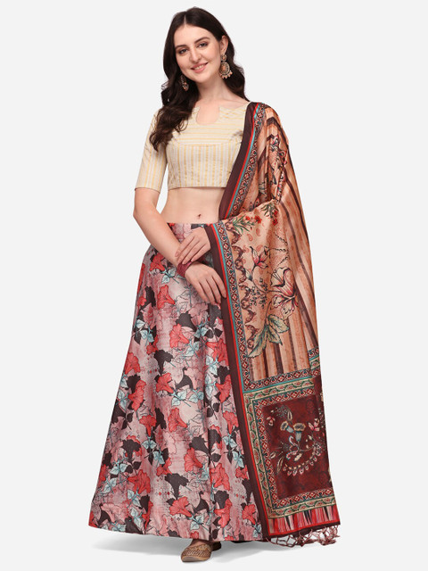 Mitera Pink & Brown Printed Semi-Stitched Lehenga & Unstitched Blouse With Dupatta